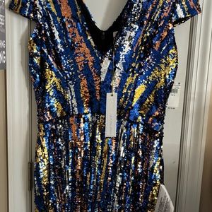Never worn Dress the Population blue and gold sequins cocktail dress